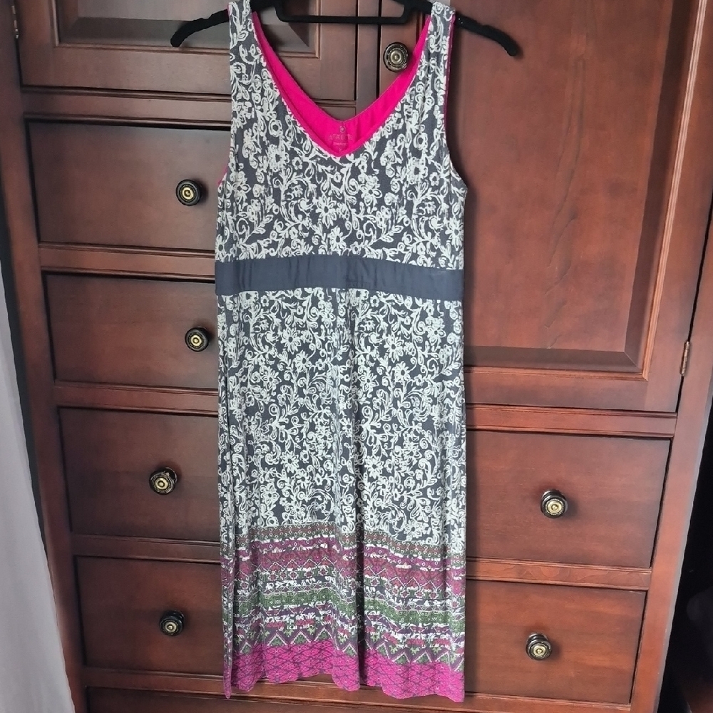 Black and White Patterned Dress with Pink Accents